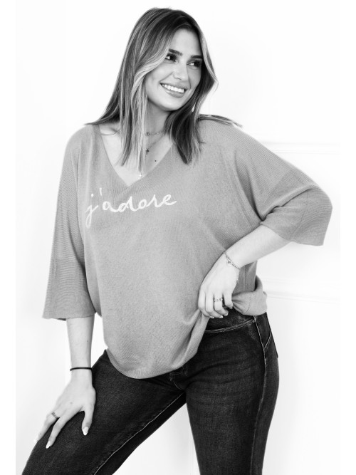 Pull manches chauve-souris 3/4 imprimé J'adore
