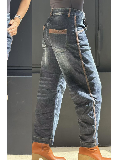 Jeans brut large coutures côtés et passants marrons