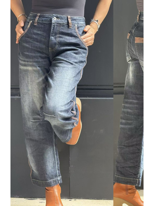 Jeans brut large coutures côtés et passants marrons