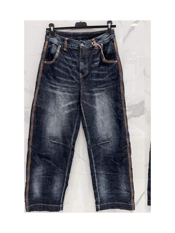 Jeans brut large coutures côtés et passants marrons