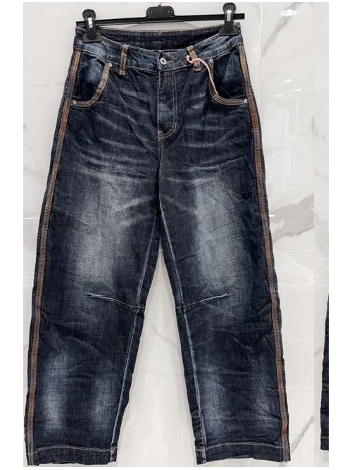 Jeans brut large coutures côtés et passants marrons