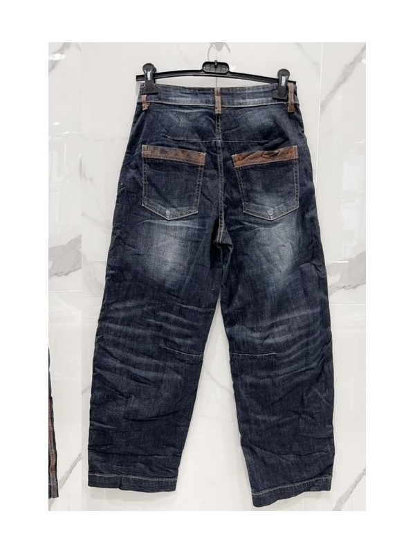 Jeans brut large coutures côtés et passants marrons