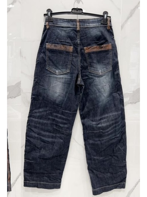 Jeans brut large coutures côtés et passants marrons