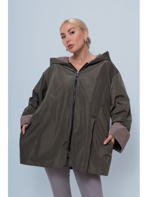 Coupe-vent zippé bicolore à capuche longueur trois-quarts