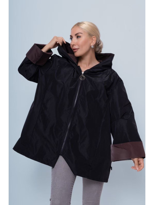Coupe-vent zippé bicolore à capuche longueur trois-quarts