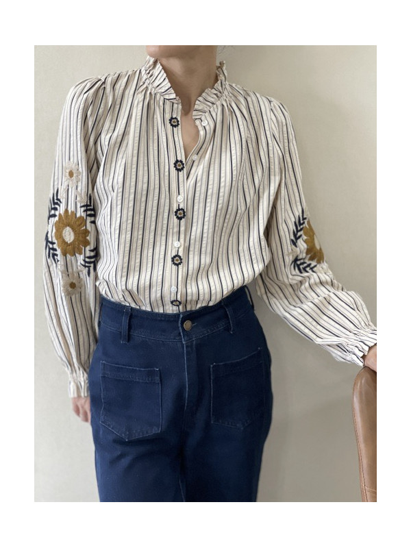 Chemise rayée col froncé manches longues brodées