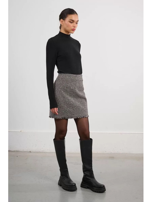 Jupe courte en tweed taille haute bas effrangé