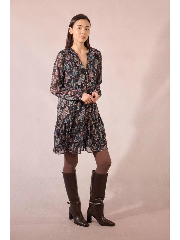 Robe courte col V en voile imprimé
