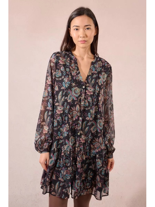 Robe courte col V en voile imprimé