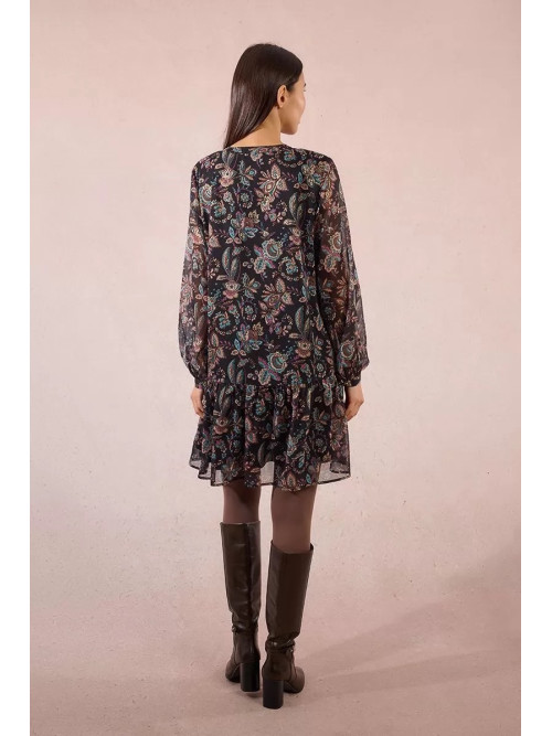 Robe courte col V en voile imprimé