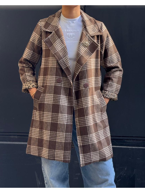 Manteau 3/4 à carreaux doublé léopard