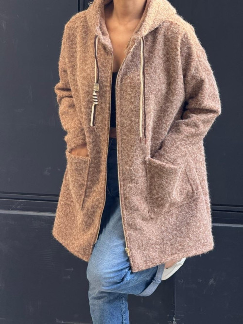Manteau 3/4 à capuche façon laine bouillie