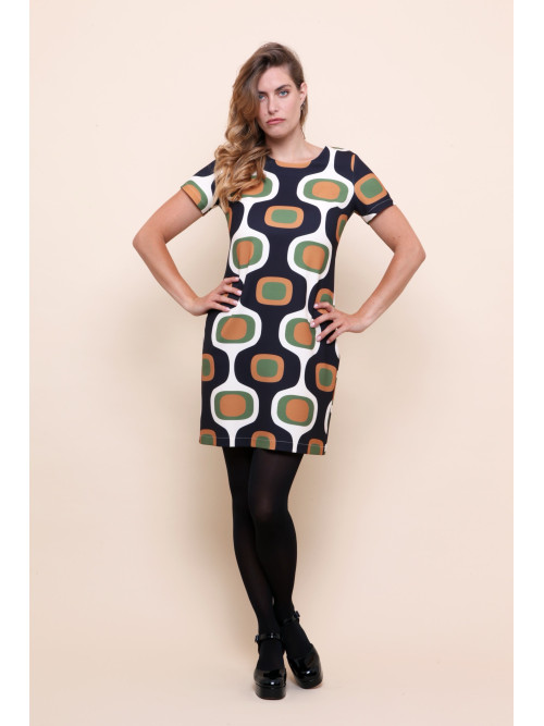 Robe rétro 70's motifs géométriques manches courtes