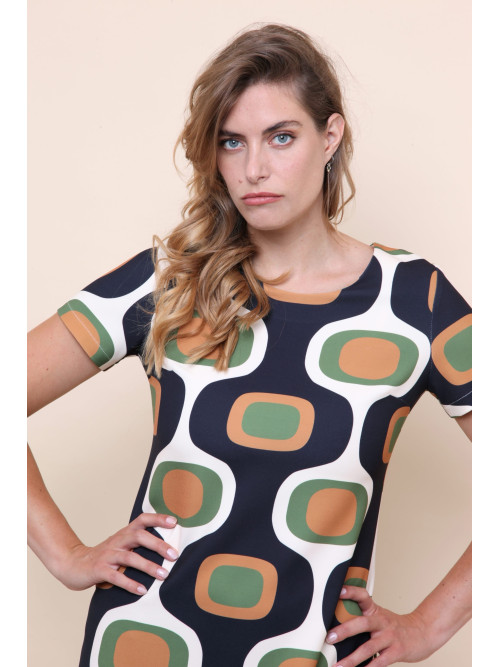 Robe rétro 70's motifs géométriques manches courtes