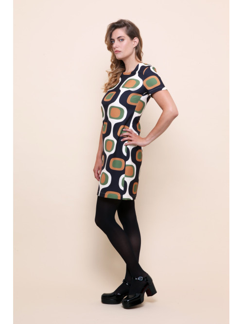 Robe rétro 70's motifs géométriques manches courtes