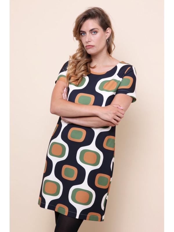 Robe rétro 70's motifs géométriques manches courtes