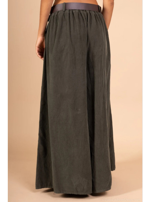 Jupe culotte longue en velours côtelé fin avec ceinture