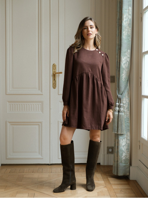 Robe courte en velours ras col rond manches longues