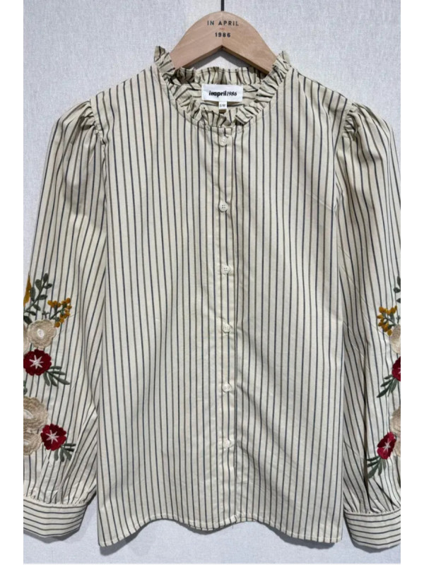 Chemise rayée col frou-frou manches longues brodées