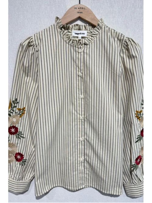 Chemise rayée col frou-frou manches longues brodées