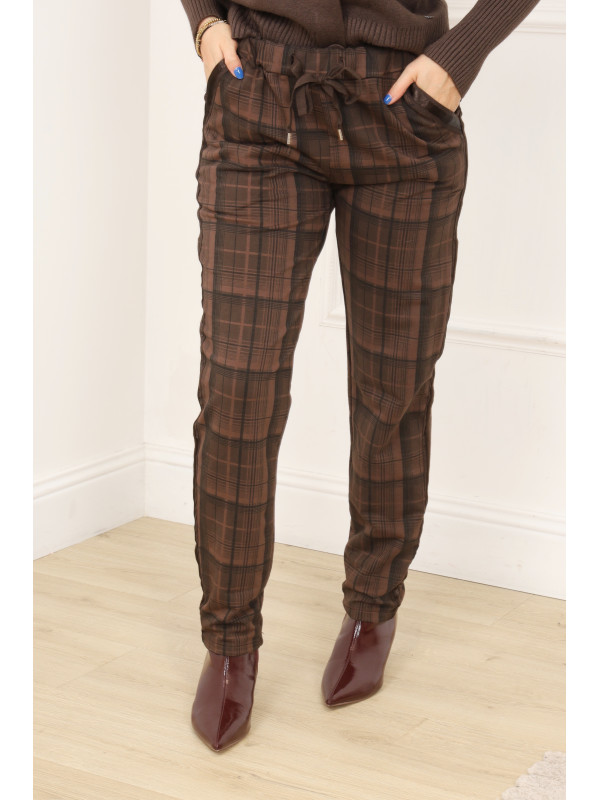 Pantalon à carreaux stretch bandes satinées côtés