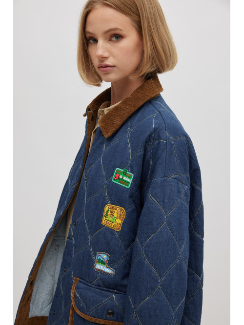 Veste matelassée denim, col velours et patch