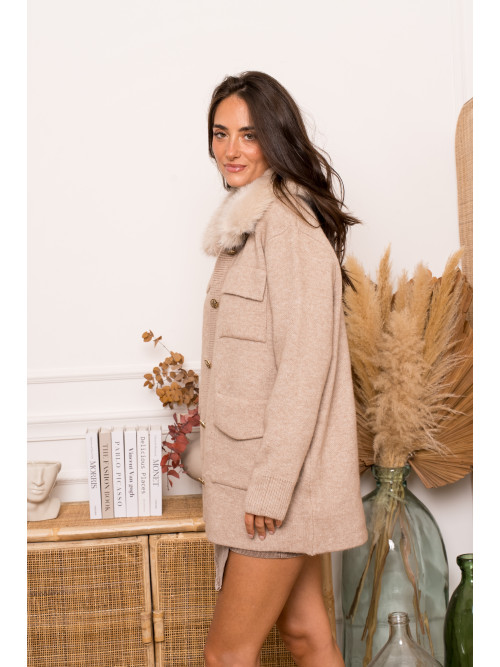 Gilet veste mi-long avec col fourrure
