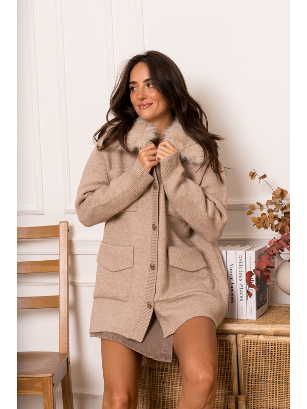 Gilet veste mi-long avec col fourrure
