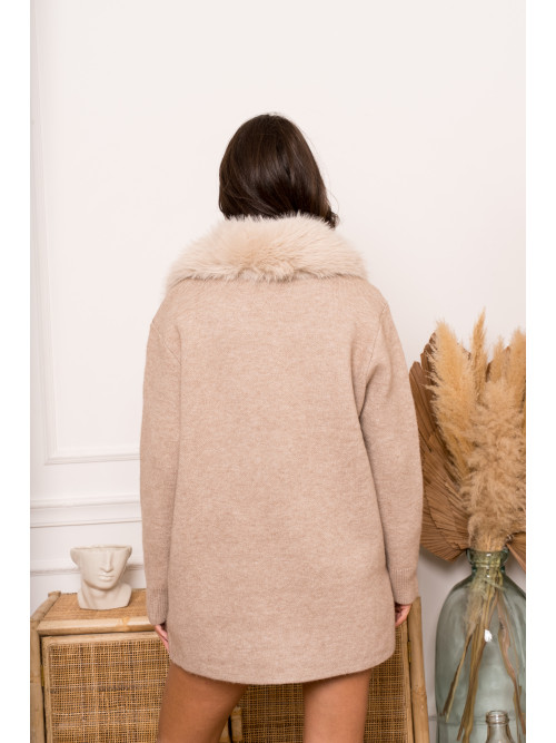 Gilet veste mi-long avec col fourrure