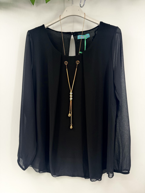 Top uni en voile col rond avec collier doré