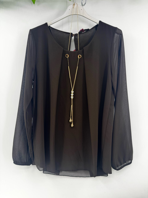 Top uni en voile col rond avec collier doré