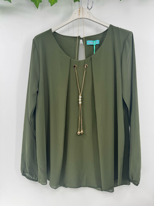 Top uni en voile col rond avec collier doré