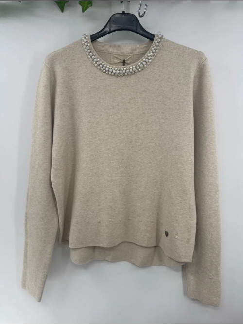 Pull col rond perlé manches longues