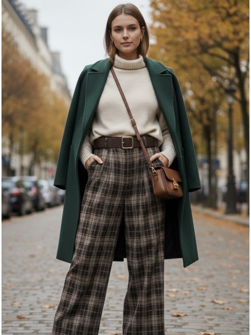 Pantalon chaud et large à carreaux avec ceinture