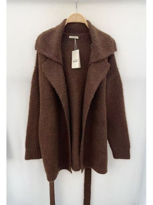 Gilet mi-long en maille avec ceinture et double col