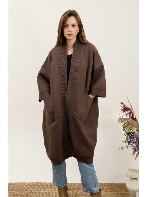 Gilet long oversized bord à bord en maille manches 3/4