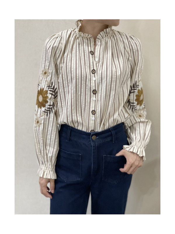 Chemise rayée col froncé manches longues brodées
