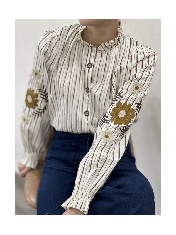 Chemise rayée col froncé manches longues brodées