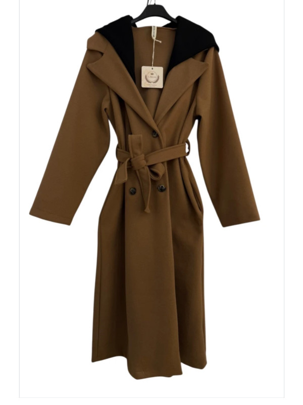 Manteau long ceinturé à capuche noire