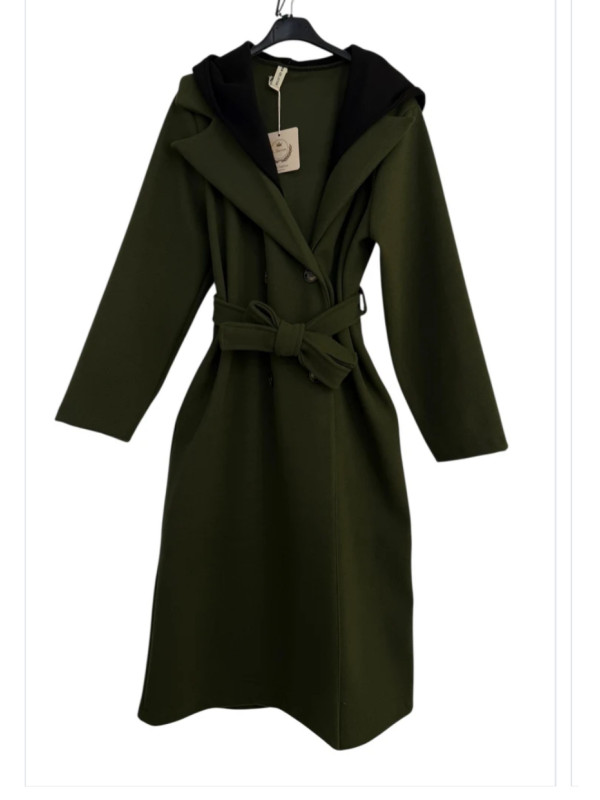 Manteau long ceinturé à capuche noire