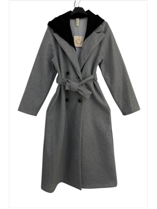 Manteau long ceinturé à capuche noire