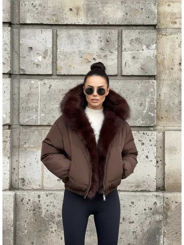 Doudoune cropped avec capuche et fourrure amovible