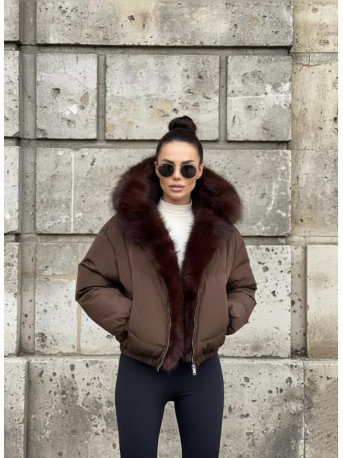 Doudoune cropped avec capuche et fourrure amovible