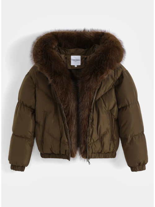 Doudoune cropped avec capuche et fourrure amovible