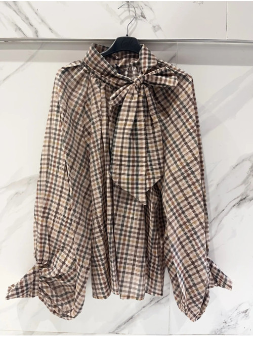 Chemise oversized col noué imprimé pied de poule