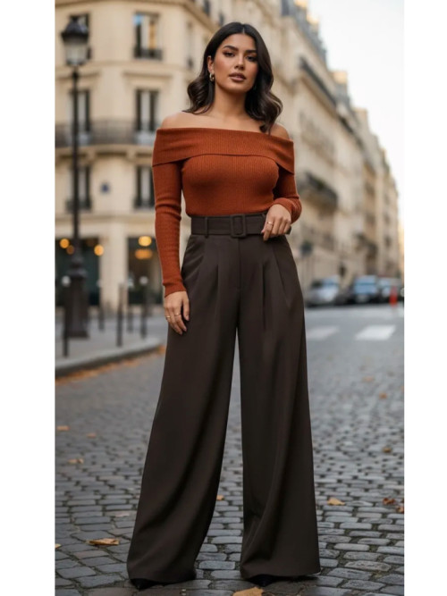Pantalon large à plis avec ceinture recouverte