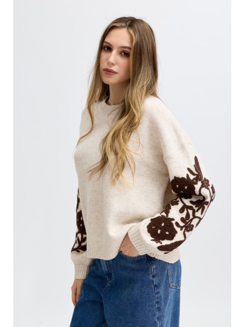 Pull col rond manches longues avec fleurs brodées