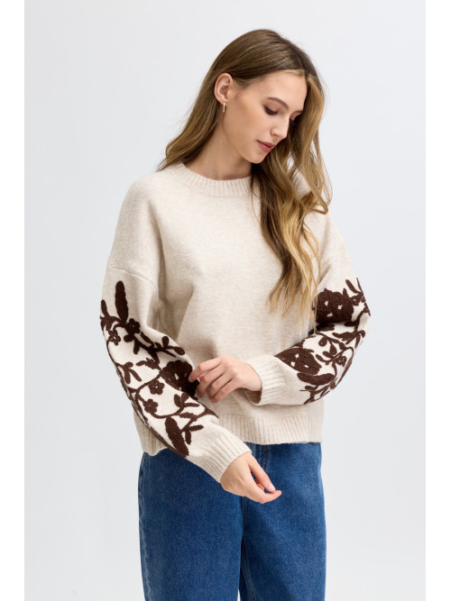 Pull col rond manches longues avec fleurs brodées