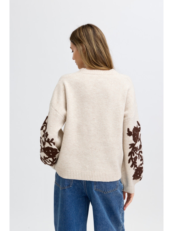 Pull col rond manches longues avec fleurs brodées