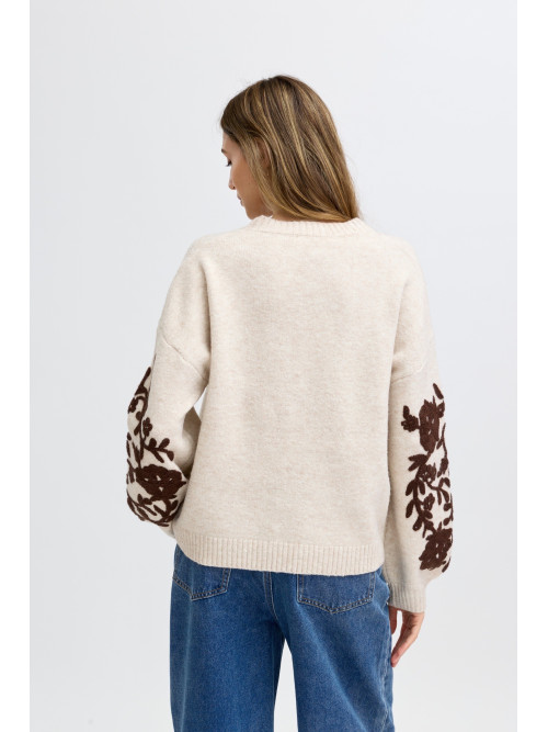 Pull col rond manches longues avec fleurs brodées